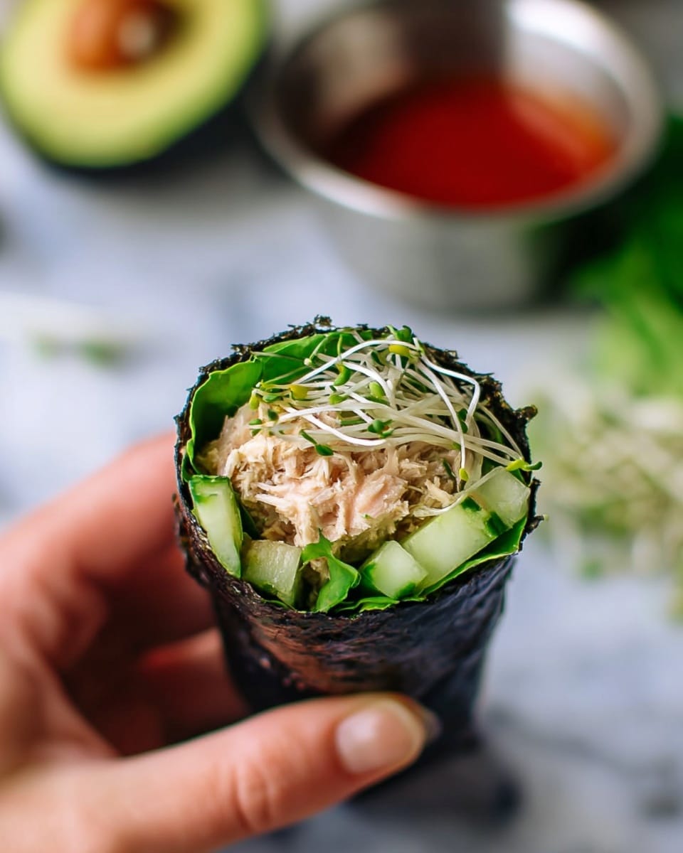 A close-up view of a sushi hand roll held by a woman's hand, showing three main layers inside a dark seaweed wrap. The bottom layer consists of fresh green lettuce and chopped cucumber pieces, the middle layer is a creamy light beige tuna or crab mixture, and the top layer features thin white sprouts. In the background, there is a blurred white marbled surface with an avocado half and a small silver bowl containing red sauce. Photo taken with an iphone --ar 4:5 --v 7