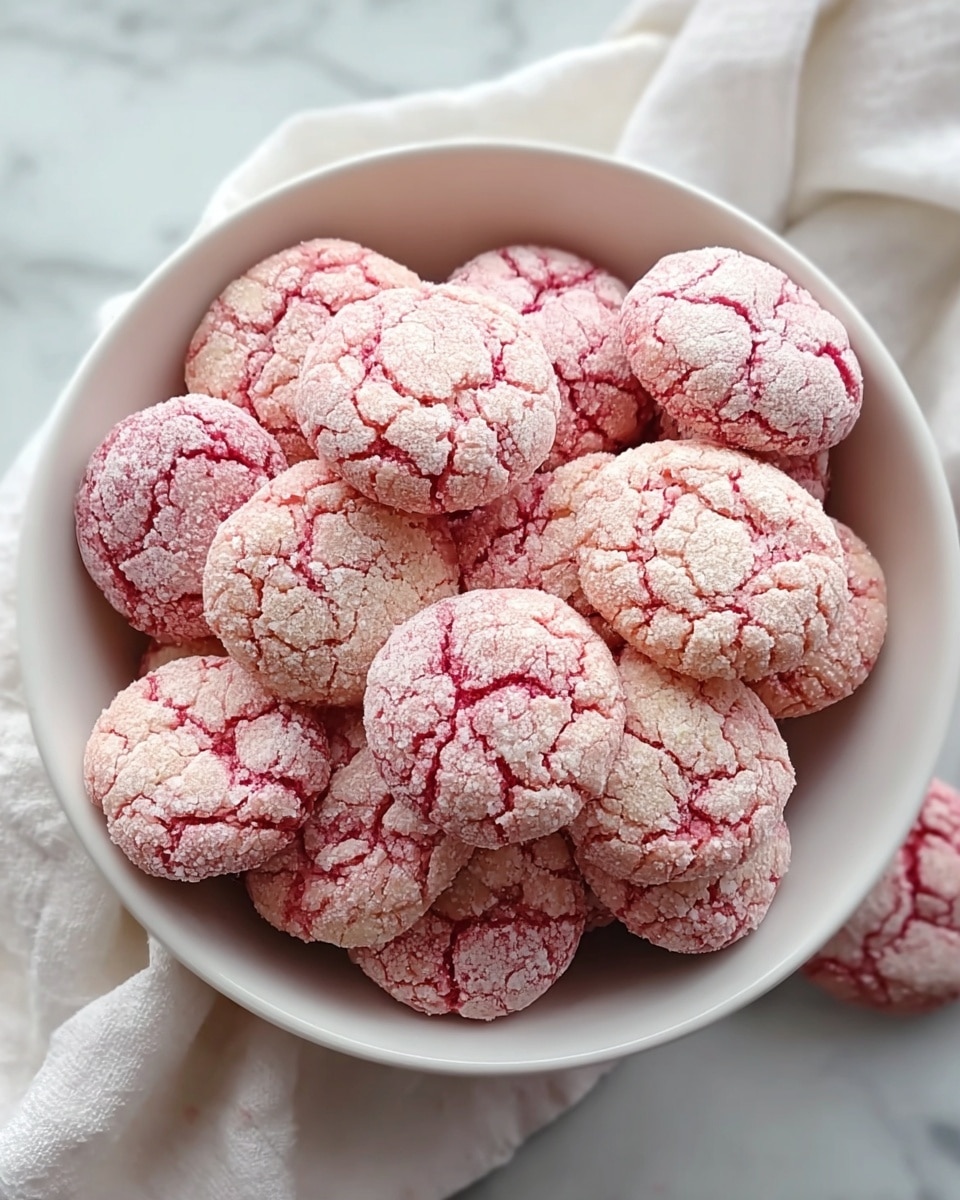 A white bowl filled with many round cookies that have a cracked surface. The cookies are pink with a sugar coating that gives them a rough texture. The cracks show darker pink tones inside, creating a contrast with the light outside. The bowl is on a white marbled surface with some white and gray cloth partially visible around it. Photo taken with an iphone --ar 4:5 --v 7