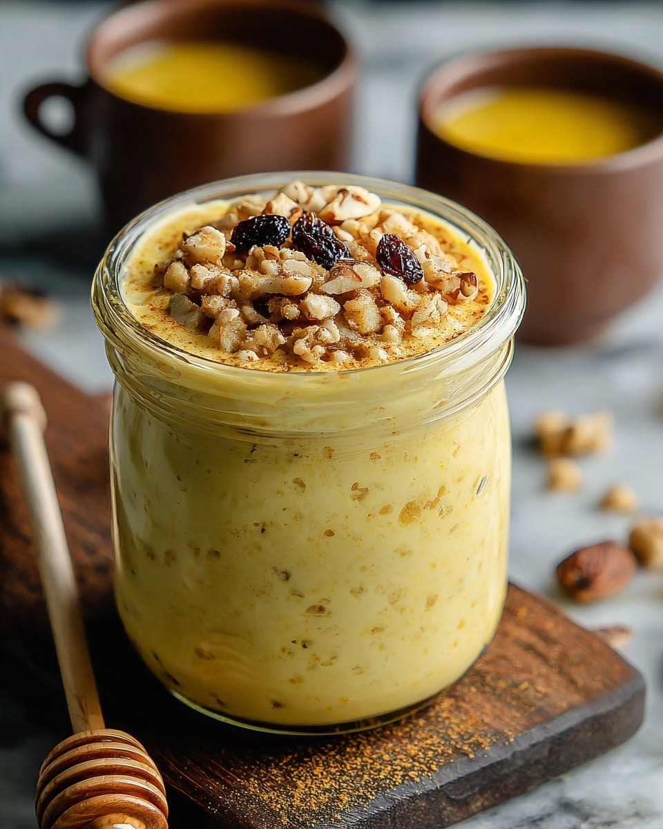 A clear glass jar filled with a thick, creamy yellow mixture that looks like a smooth pudding with small grainy bits throughout, topped with chopped nuts and a few dark raisins sprinkled with a light dusting of cinnamon powder. The jar sits on a dark wooden board, with a honey dipper beside it. In the background, two brown cups hold a yellow liquid, all placed on a white marbled surface. The colors are warm with a focus on the creamy yellow pudding and the textured nut topping. Photo taken with an iphone --ar 4:5 --v 7