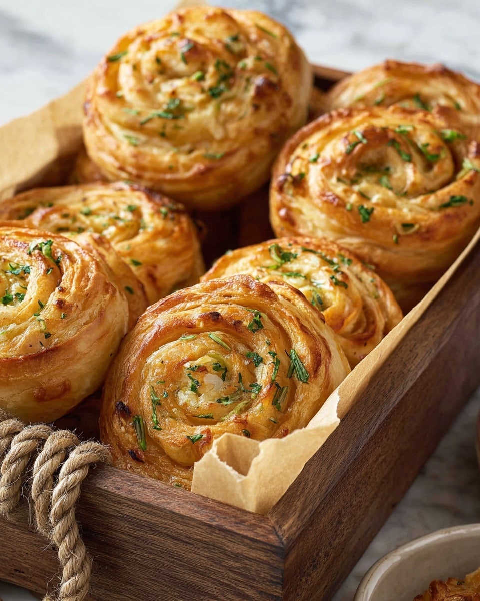 A close-up shows a group of golden brown spiral pastries arranged in a wooden box lined with light brown parchment paper. Each pastry reveals many thin, flaky layers swirled into a round shape with a textured surface. The tops are sprinkled with small bits of chopped green herbs and minced garlic, adding green and white accents on the warm, baked dough. The box has thick ropes tied to its sides, and the background surface is a white marbled texture, giving a clean contrast to the warm tones of the pastries. Photo taken with an iphone --ar 4:5 --v 7