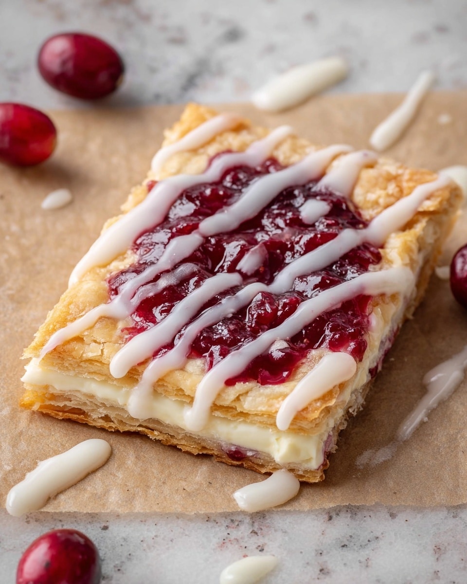 A square pastry with three visible layers: the bottom layer is golden brown and flaky, the middle layer is smooth and white cream cheese filling, and the top layer is a thick, deep red cranberry sauce spread in the center. The pastry is drizzled with white icing that creates thin stripes over the cranberry sauce and edges, some icing spills onto the parchment paper beneath. A whole cranberry sits nearby on the white marbled texture surface. photo taken with an iphone --ar 4:5 --v 7