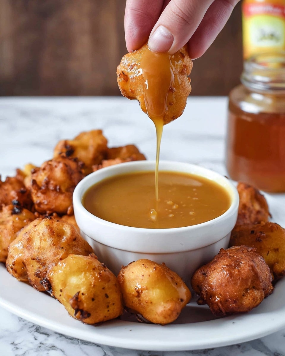 A white plate is filled with golden brown fried fritters that look crispy on the outside with some darker spots showing a crunchy texture. In the middle of the plate, there is a white bowl filled with thick honey-colored sauce. A woman's hand is holding one fritter above the bowl, with a thin stream of the sticky sauce dripping down from the fritter into the bowl. The background shows a blurred honey bottle and a glass jar, all placed on a white marbled surface. photo taken with an iphone --ar 4:5 --v 7