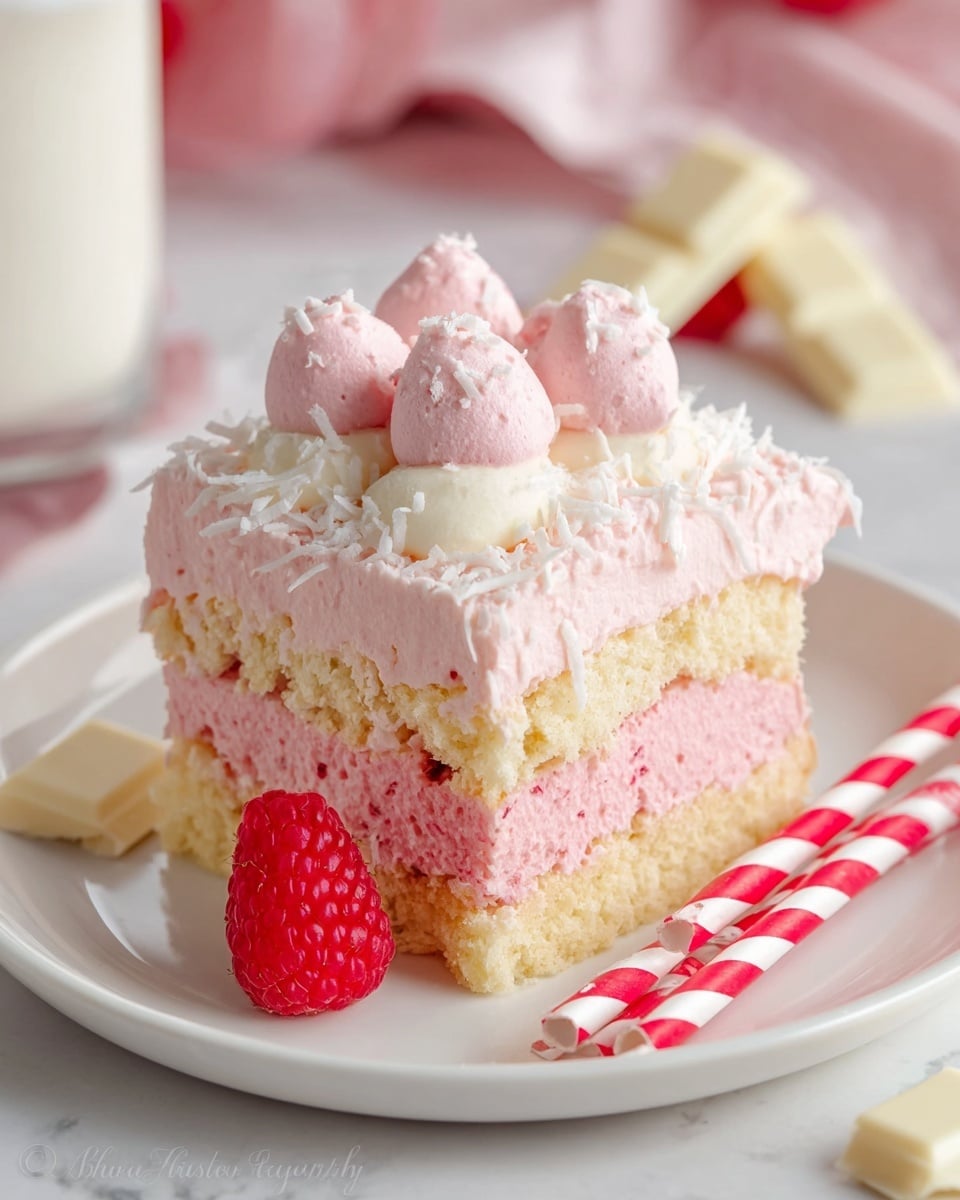A square slice of layered dessert sits on a white plate on a white marbled surface; the dessert has three main layers – the bottom layer is made of light golden, soft ladyfinger biscuits, the middle layer is thick and smooth pale pink creamy filling, and the top layer features round pink dollops of whipped cream sprinkled with white shredded coconut. There is a fresh red raspberry placed at the base of the dessert on the plate. Two striped red and white straws and two small squares of white chocolate lie nearby. The background is softly blurred with hints of pink and white. Photo taken with an iphone --ar 4:5 --v 7
