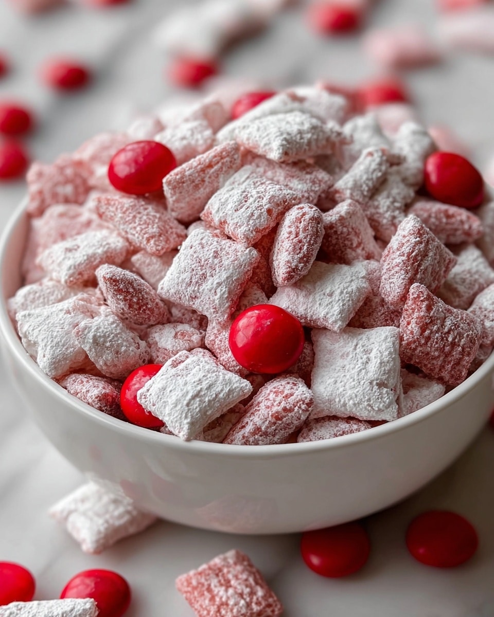 A white bowl filled with many small square pieces of a snack covered with white powdered sugar. The snack has two visible layers: a rough white outer layer coated in powdered sugar and a bright red inner layer, which looks soft and chewy. The squares are piled high in the bowl, with some pieces scattered on a white marbled surface around the bowl. In the background, there are two more white bowls, one holding small red candy hearts and the other filled with powdered sugar. photo taken with an iphone --ar 4:5 --v 7