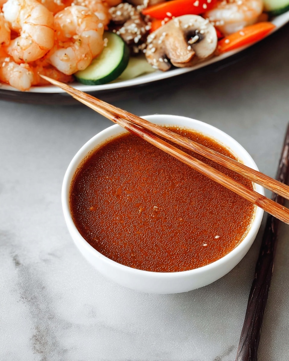 A close-up view of a white bowl filled with smooth, reddish-brown sauce that has a slightly frothy texture on top. Two wooden chopsticks rest horizontally across the bowl's rim. In the background, there is a white plate holding cooked shrimp, sliced mushrooms, and pieces of carrot and cucumber, all sprinkled with sesame seeds. The dish is set against a white marbled texture surface. photo taken with an iphone --ar 4:5 --v 7