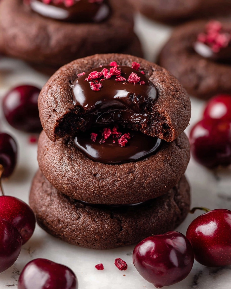 A stack of three round, dark brown chocolate cookies filled with glossy, rich dark chocolate ganache in the center, with one cookie on top having a bite taken out to show the gooey filling inside, small bits of bright red dried fruit sprinkled on the ganache tops, surrounded by shiny deep red cherries with brown stems, all placed on a white marbled surface. Photo taken with an iphone --ar 4:5 --v 7