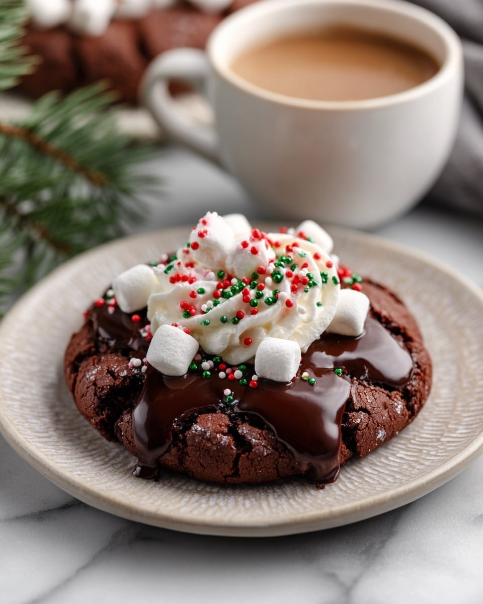 A single thick chocolate cookie with a cracked texture forms the base, sitting on a white plate with a subtle textured pattern. The top layer is glossy dark chocolate ganache that drips slightly over the edges of the cookie. Nestled in the center is a swirl of white whipped cream, topped with small fluffy white mini marshmallows. Red, white, and green round sprinkles are scattered across the whipped cream, ganache, and cookie, giving a festive look. In the background, there is a blurred white cup filled with light brown coffee, all placed on a white marbled surface with a sprig of green pine adding a holiday touch. photo taken with an iphone --ar 4:5 --v 7