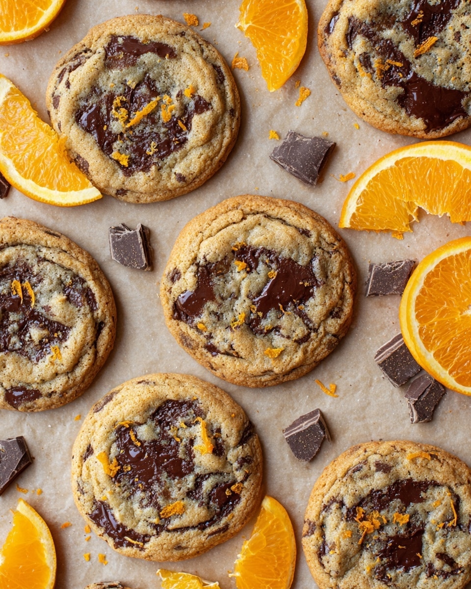 The image shows a flat lay of several round chocolate chip cookies arranged on a light beige parchment paper with a white marbled texture in the background. Each cookie is medium brown with rough, slightly cracked surfaces, studded generously with uneven chunks of dark melted chocolate, some shiny and some matte. Scattered throughout are small flecks of bright orange zest adding a pop of color. Around the cookies, there are small pieces of broken chocolate and a few wedges of fresh, juicy orange, with their bright orange flesh and white rind clearly visible. The overall appearance is warm, inviting, and homemade. Photo taken with an iphone --ar 4:5 --v 7