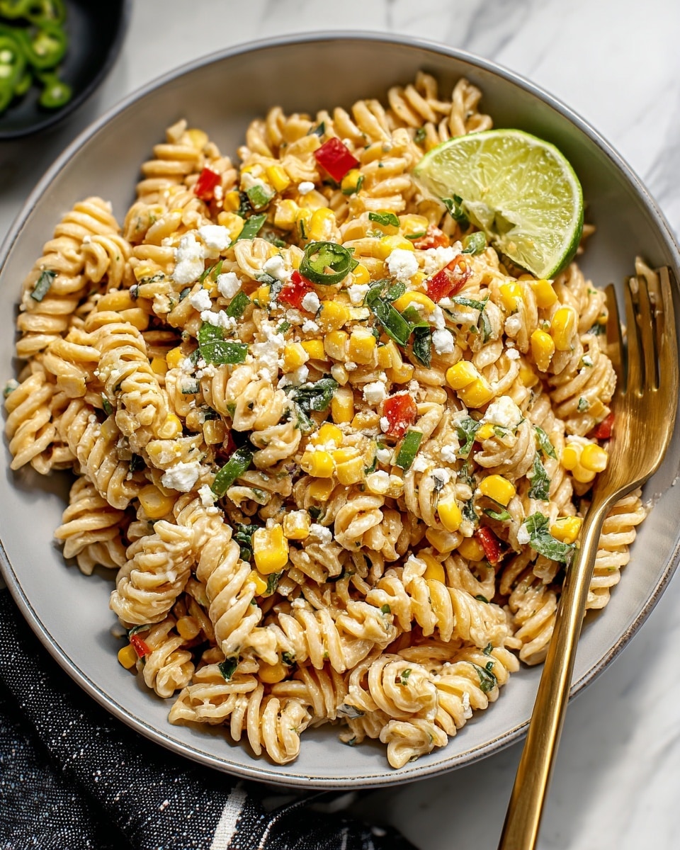 A white plate holds a dish with a base layer of light beige rotini pasta, mixed evenly with bright yellow corn kernels and small bits of green herbs scattered throughout. On top, thin slices of dark green jalapeño peppers are laid randomly, adding sharp color contrast. The entire dish is sprinkled with fine white cheese crumbles and light red chili powder, creating a textured look. The background features a white marbled texture with a fork resting on the right edge of the plate. photo taken with an iphone --ar 4:5 --v 7