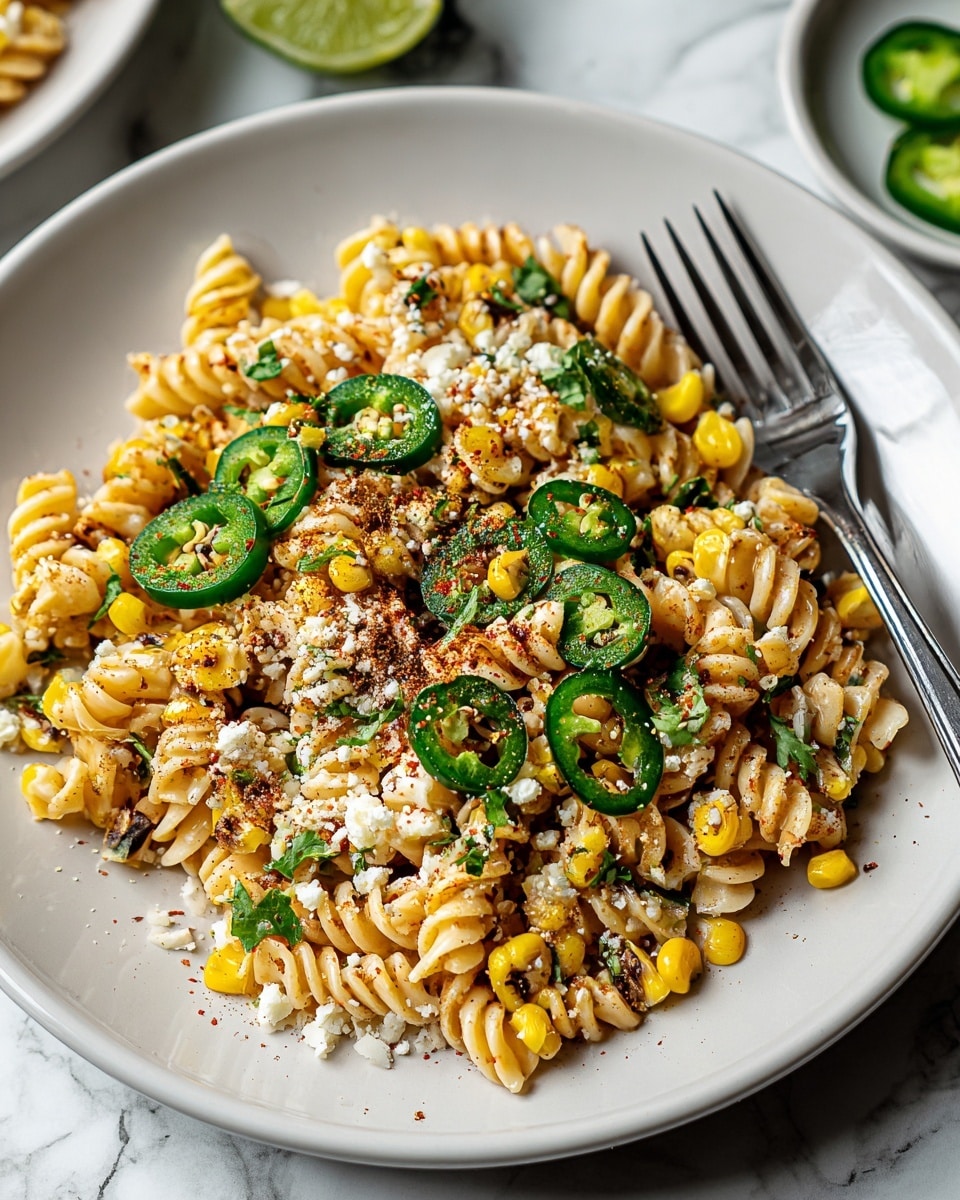 A close-up of a bowl of pasta salad with creamy beige rotini pasta as the base layer, mixed with bright yellow corn kernels and small pieces of green herbs and scallions, adding fresh green touches throughout. There are scattered small red bell pepper pieces and light white cheese crumbles on top, giving a mix of colors and textures. A wedge of lime with a soft green color sits on the right side of the bowl, with a gold fork leaning against the bowl’s edge. The bowl is white and set on a white marbled surface with a dark cloth napkin with white stripes near the bottom right corner. Photo taken with an iphone --ar 4:5 --v 7