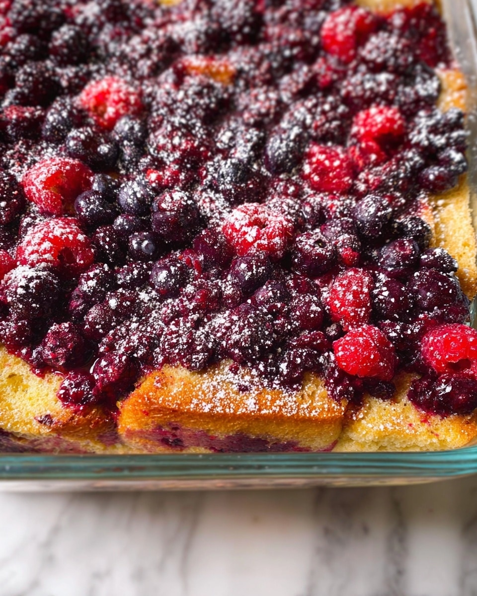 The dish is a layered berry bread pudding in a clear glass rectangular baking dish. The bottom layer is golden brown toasted bread pieces, slightly soaking in a custard base. Over this, there is a thick, uneven topping of mixed berries including deep purple blackberries, dark blue blueberries, and bright red raspberries, scattered densely across the surface. The berries appear slightly cooked, releasing purple juices that blend into the bread, creating a marbled effect. The whole dessert is lightly dusted with white powdered sugar, adding a frosty look to the berries and bread edges. The dish sits on a white marbled textured surface. photo taken with an iphone --ar 4:5 --v 7