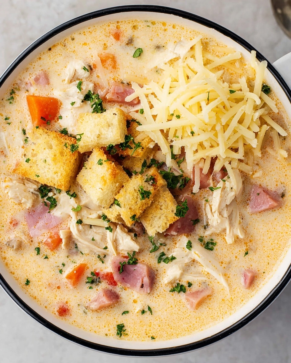 A close-up top view of creamy soup in a white bowl with a black rim, showing a thick, pale orange broth filled with chunks of white shredded chicken, small bright orange carrot pieces, and bits of pink ham scattered throughout. On top of the soup, a small pile of light golden croutons sits beside a small heap of pale yellow shredded cheese, all sprinkled with small chopped green herbs. The bowl is placed on a white marbled surface. photo taken with an iphone --ar 4:5 --v 7