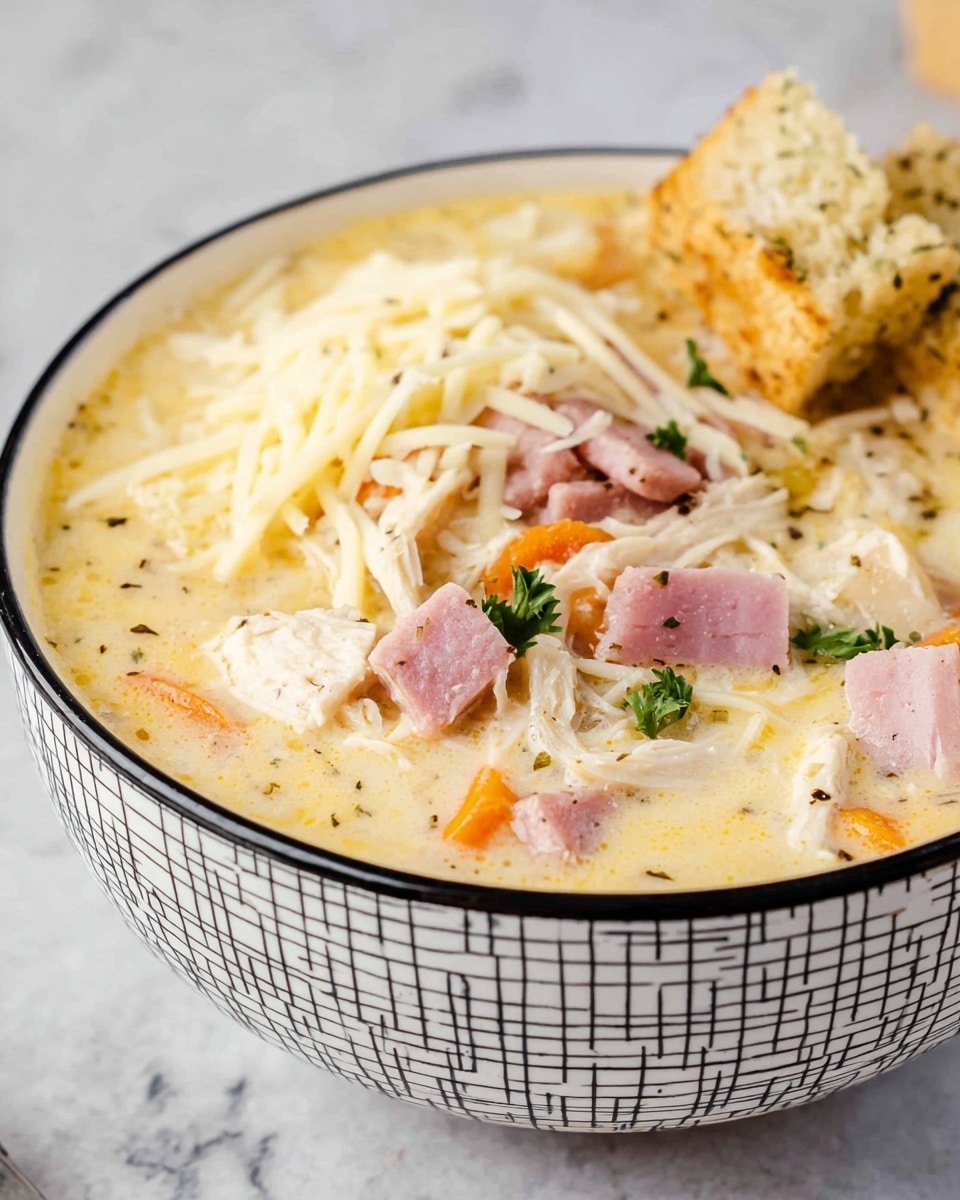 A close-up view of a creamy soup served in a white bowl with a black square pattern on the outside, placed on a white marbled surface. The soup is made of a light yellow creamy base filled with chunks of pink ham, white shredded chicken, and orange carrot pieces scattered throughout. On the left side of the soup, there is a small pile of thin, pale yellow shredded cheese. On top of the soup, slightly to the back, are four light golden-brown croutons with a crispy texture sprinkled with herbs. Small green parsley leaves are scattered on the surface of the soup, adding a fresh touch. The image focuses mainly on the bowl and a part of the soup's surface. photo taken with an iphone --ar 4:5 --v 7