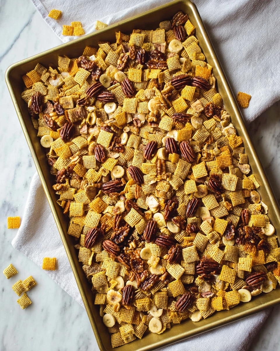A large golden baking tray filled with a single layer of snack mix containing different pieces, including square-shaped yellow and light brown cereal bits with a waffle texture, round brownish banana chips scattered evenly, and whole pecans with a shiny dark brown color mixed throughout, all placed on a white marbled surface partially covered with a light cloth. photo taken with an iphone --ar 4:5 --v 7