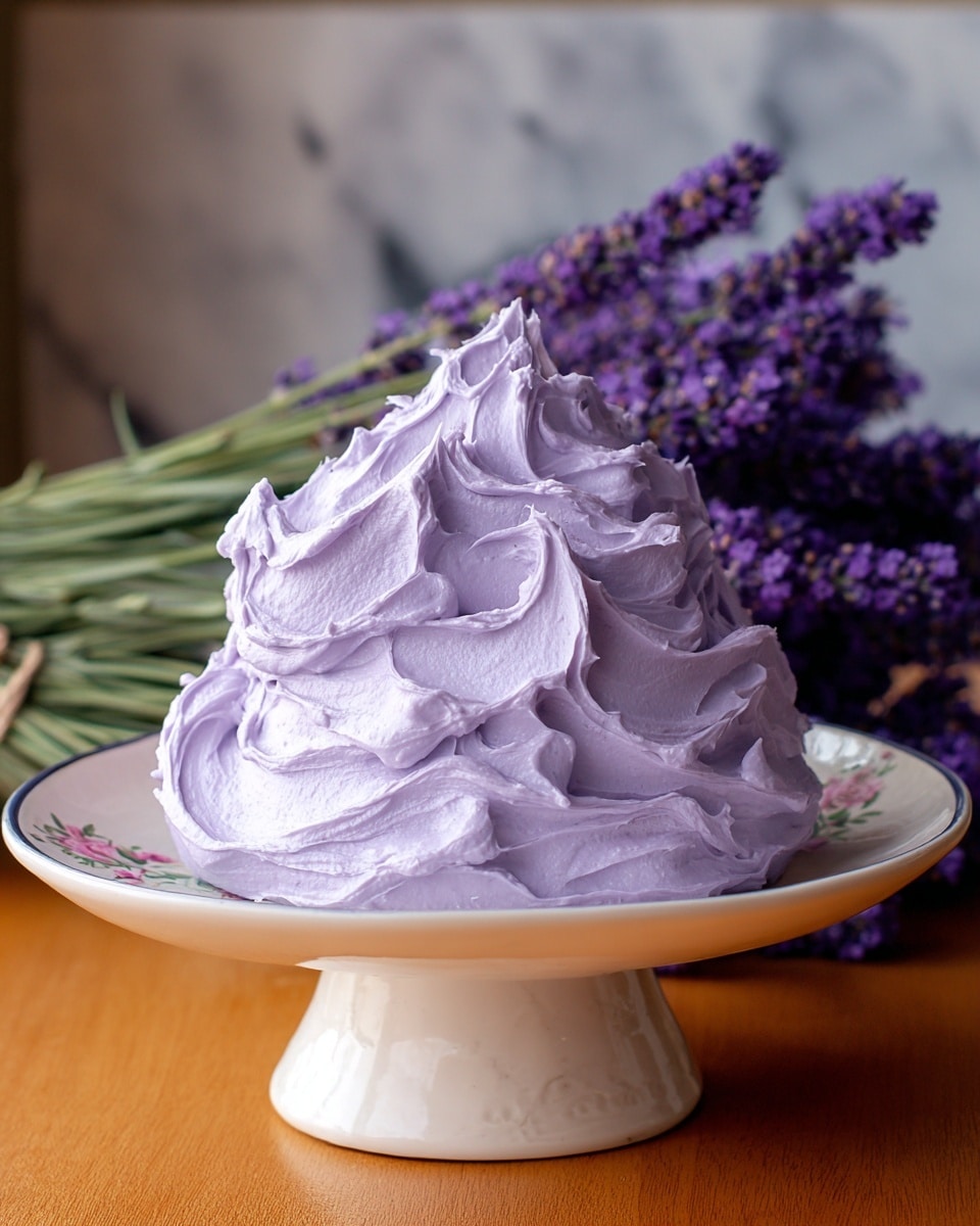 A mound of thick, whipped lavender-colored frosting sits on a white ceramic cake stand with a subtle floral pattern. The frosting is textured with soft peaks and swirls, giving it a fluffy and creamy appearance. In the background, out of focus, are bunches of fresh lavender flowers with green stems, adding a natural purple contrast. The scene is set on a wooden table with a warm tone and a white marbled surface behind, softly lit by natural light. photo taken with an iphone --ar 4:5 --v 7