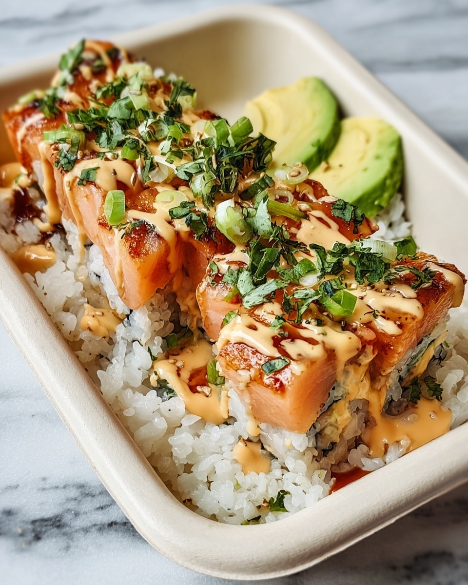 This dish shows two sushi rolls cut into pieces and placed inside a deep white container. The sushi rolls have a base layer of white rice with a slight shine and a layer of seaweed visible underneath. On top, there is a thick layer of cooked pink-orange salmon with a glazed, slightly caramelized texture. The salmon is drizzled with a light brown creamy sauce spread unevenly and sprinkled with finely chopped green onions and dark green cilantro leaves. Small slices of fresh, pale green avocado sit on the side near the fish. The container is on a white marbled surface. photo taken with an iphone --ar 4:5 --v 7