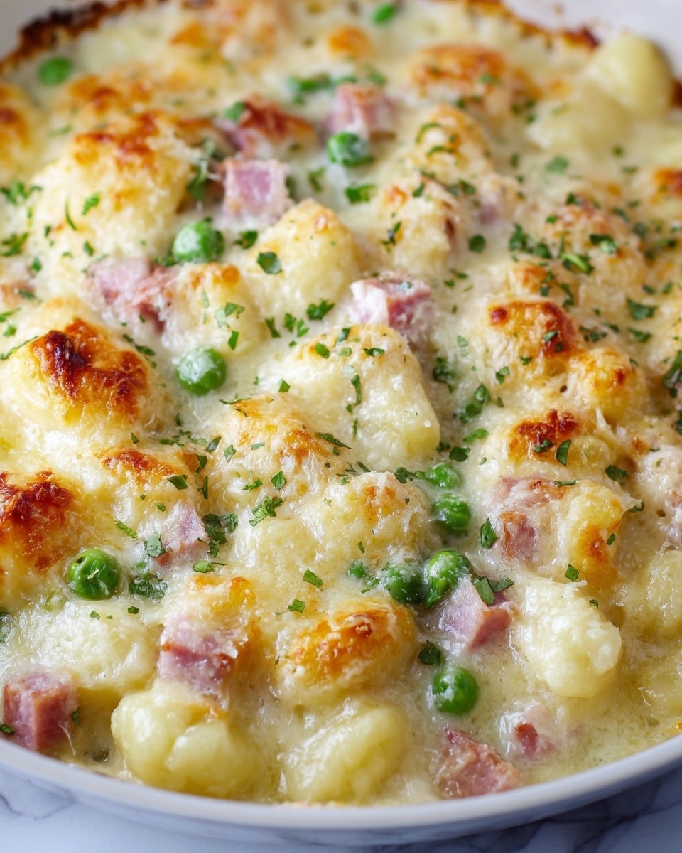 This dish is a close-up of a creamy baked gnocchi casserole with three layers visible: the bottom layer is soft gnocchi coated in a smooth white sauce, the middle layer includes small, tender chunks of pink ham and bright green peas evenly spread throughout, and the top layer is a golden melted cheese crust with spots of light browning and fresh green herb sprinkles scattered on the surface. The textures are creamy and slightly bubbly with a mix of soft gnocchi and hearty ham pieces, all in a white dish set on a white marbled surface. photo taken with an iphone --ar 4:5 --v 7