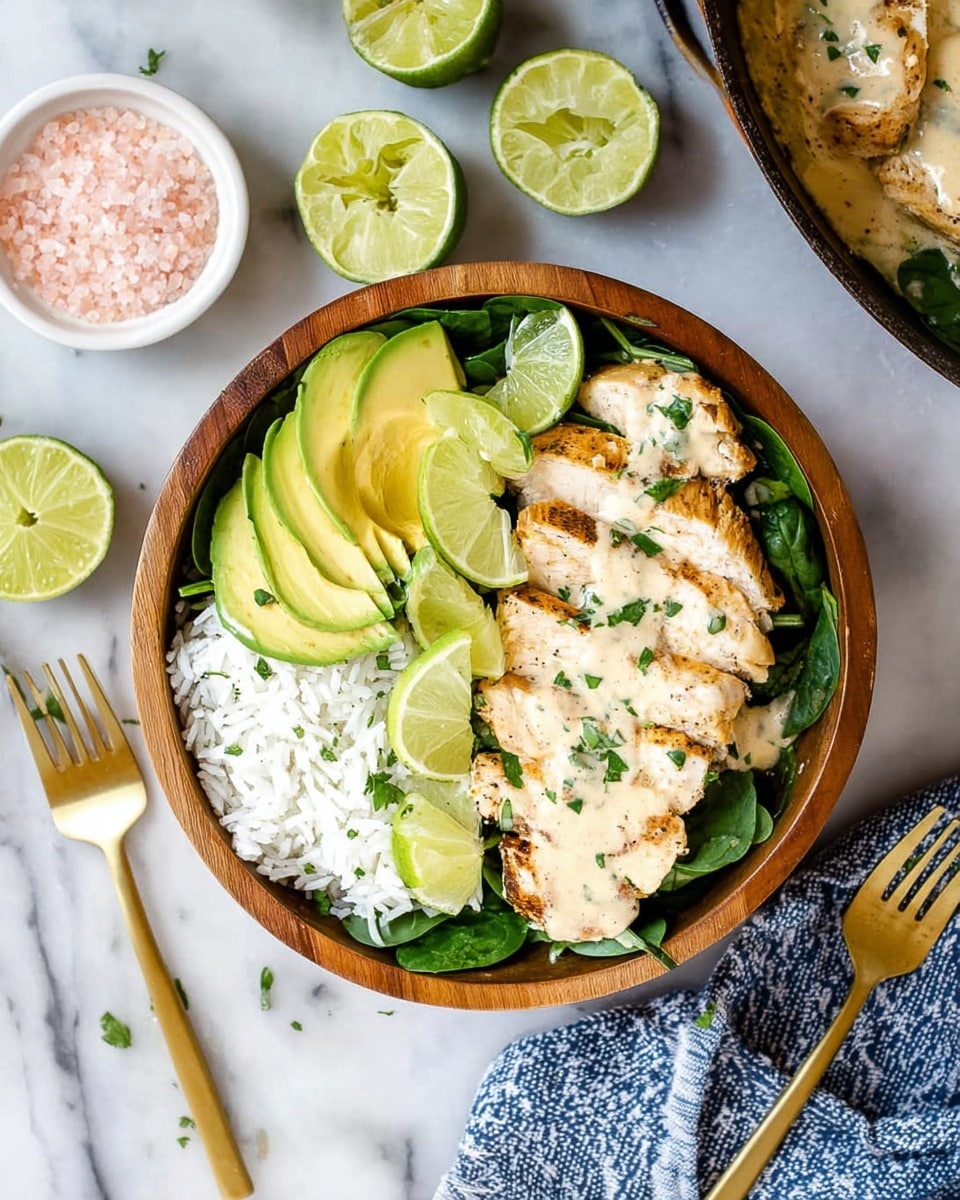 A black cast iron pan filled with several pieces of cooked chicken breasts covered in a thick creamy yellow sauce, garnished with fresh green herbs sprinkled on top. On each piece of chicken, there are thin slices of bright green lime, some whole and some halved, adding a fresh look. The creamy sauce fills the pan around the chicken, creating a smooth and rich layer that contrasts with the grilled texture of the chicken. The pan sits on a white marbled surface. photo taken with an iphone --ar 4:5 --v 7