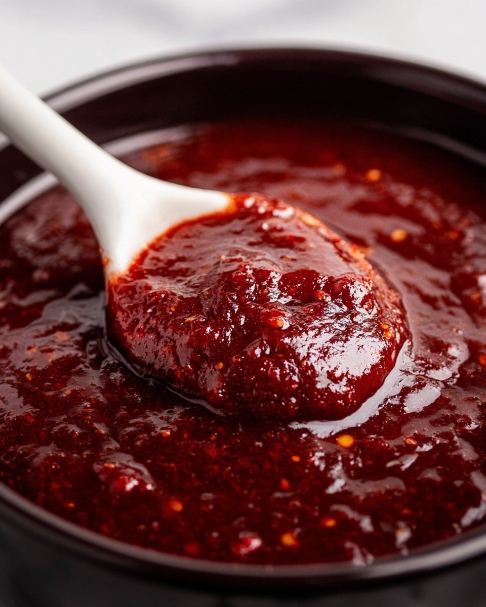The image shows a thick, deep red sauce with a glossy texture, filled with small visible bits and a slightly chunky consistency. It is being scooped up by a white ceramic spoon that contrasts with the rich color of the sauce. The sauce looks rich and dense, covering the spoon fully, with a shiny surface reflecting light. The sauce fills the container underneath, which has a dark edge barely visible. The background is a white marbled texture. photo taken with an iphone --ar 4:5 --v 7