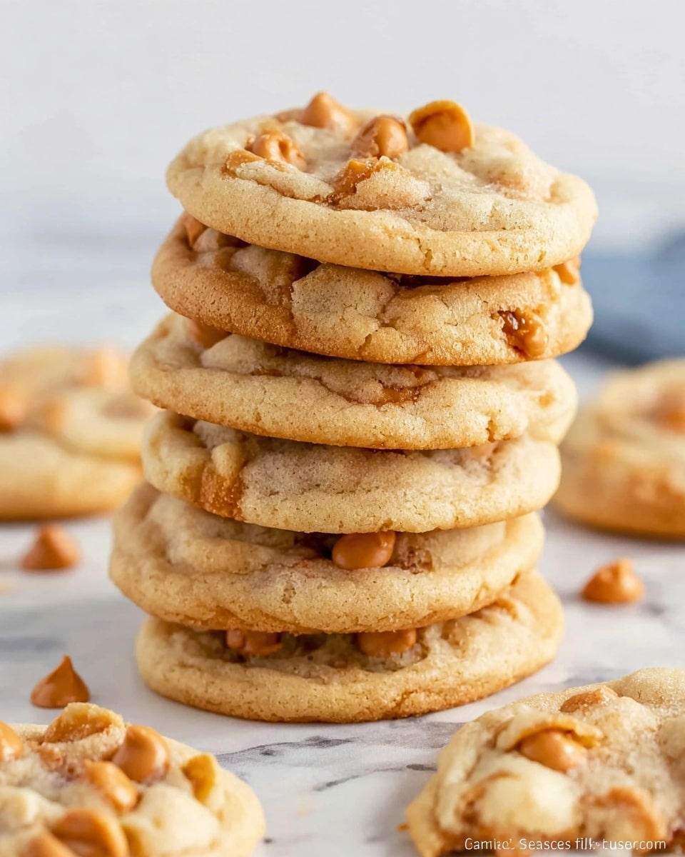 A stack of soft, thick cookies with a light golden brown color is shown on a white marbled surface. The stack consists of five cookies, each cookie round with a slightly uneven edge texture. The top cookie clearly shows numerous small and large caramel chips embedded across its surface, which stand out with a rich amber color against the lighter dough. The cookies have a soft, slightly puffy texture with visible slight cracks. Around the stack, a few more cookies are scattered, also showing caramel chips. Photo taken with an iphone --ar 4:5 --v 7