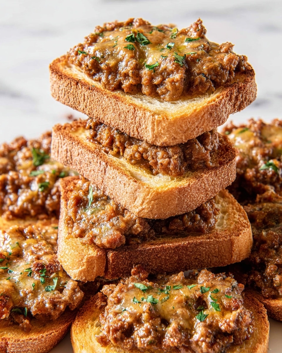 The image shows multiple slices of toasted bread stacked on a white marbled surface, each topped with a thick layer of browned, chunky sausage meat. Some slices have melted, golden cheese mixed with the sausage, creating a glossy, slightly textured top layer. Small green herb pieces are sprinkled sparingly over the sausage for color contrast. The toasted bread is light brown and crisp, with a grainy texture and slightly darker edges. Photo taken with an iphone --ar 4:5 --v 7