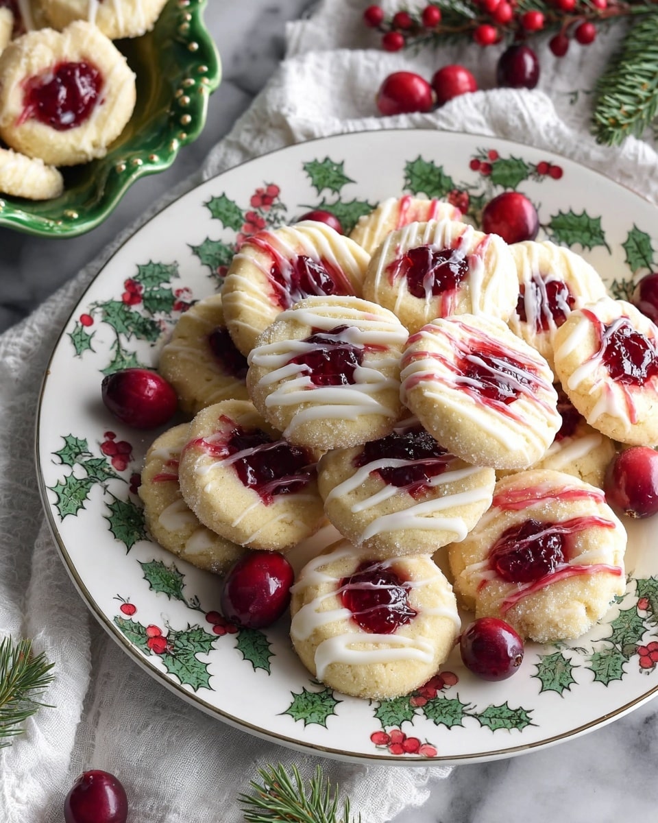 A white round plate with green holly leaf and red berry patterns holds a pile of round, off-white cookies with a sugar-coated texture. Each cookie has a small depression in the center filled with bright red cranberry jam, and they are drizzled with thin, white icing lines on top. Around the plate, fresh whole cranberries add deep red color contrast. The plate is set on a white marbled surface partially covered by a white cloth with green holly leaves and red berries. In the corner, a green ceramic dish shaped like a leaf holds more of the same cookies and cranberries. Photo taken with an iphone --ar 4:5 --v 7
