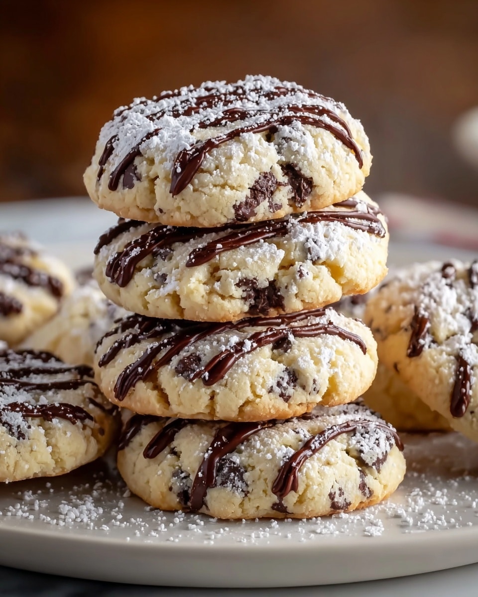 A close-up of six soft, thick cookies stacked in two layers on a round white plate, each cookie light golden with dark chocolate chips inside, topped with thin, dark chocolate drizzle and a dusting of fine white powdered sugar that also sprinkles around the plate edges, the cookies have a slightly crumbly texture, the background is softly blurred with a warm tone and a white marbled surface visible beneath the plate, photo taken with an iphone --ar 4:5 --v 7