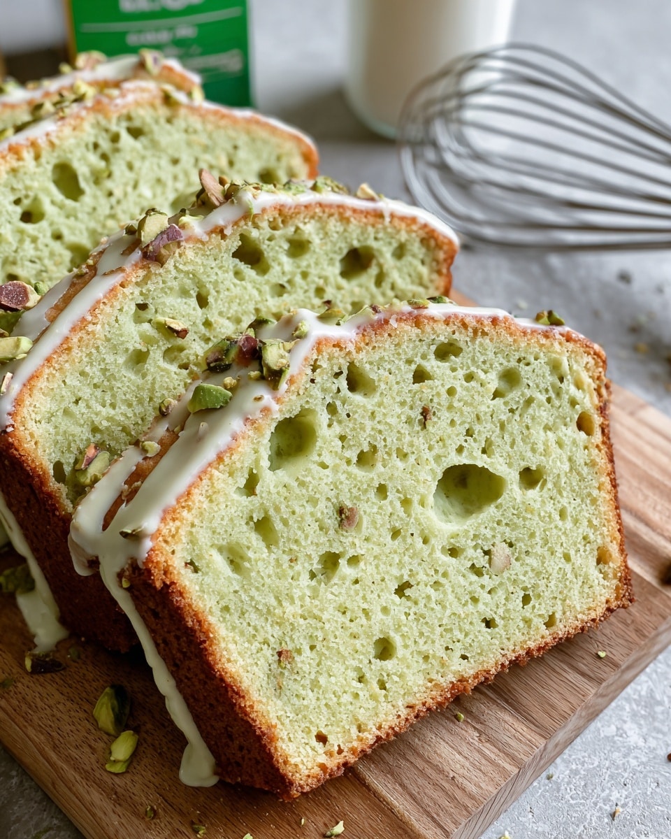 Three slices of light green cake are arranged diagonally on a wooden board. Each slice has a golden brown crust and a soft, slightly airy green inside with small holes. A thin layer of white icing drizzles over the top edges, sprinkled with small pieces of chopped pistachios. In the background, there is a milk carton and a metal whisk. The photo is taken close to highlight the texture of the cake. Photo taken with an iphone --ar 4:5 --v 7