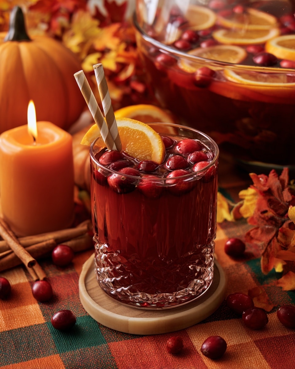 A clear faceted glass filled with dark red punch stands on a round wooden coaster, with whole red cranberries floating near the top in the deep liquid, and a bright orange slice resting on the rim along with a beige and white striped paper straw. Behind the glass is a large glass bowl holding more punch with orange slices floating on the surface. The scene is set on a warm orange, red, and green checkered cloth with scattered cranberries and cinnamon sticks, a lit orange candle, autumn leaves, and a pumpkin in the background, all on a white marbled texture. photo taken with an iphone --ar 4:5 --v 7