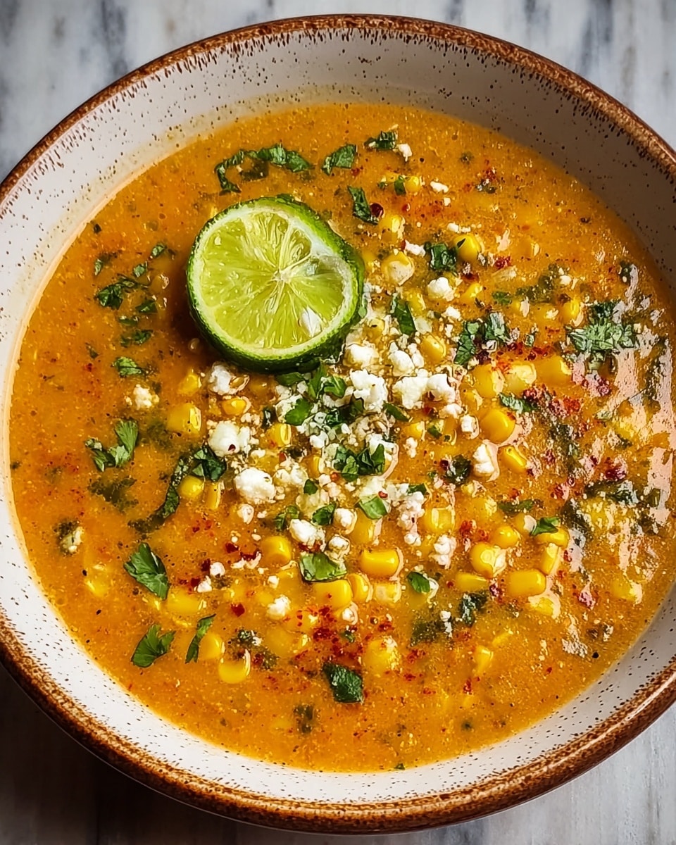 A white bowl with a speckled brown rim holds a thick, orange-colored soup filled with bright yellow corn kernels, small bits of green herbs, and flecks of red spices. Crumbled white cheese is scattered on top, along with a fresh green lime wedge near the edge and a lime slice in the center. The soup has a slightly chunky texture, and chopped herbs float on the surface. The bowl sits on a white marbled texture surface. photo taken with an iphone --ar 4:5 --v 7