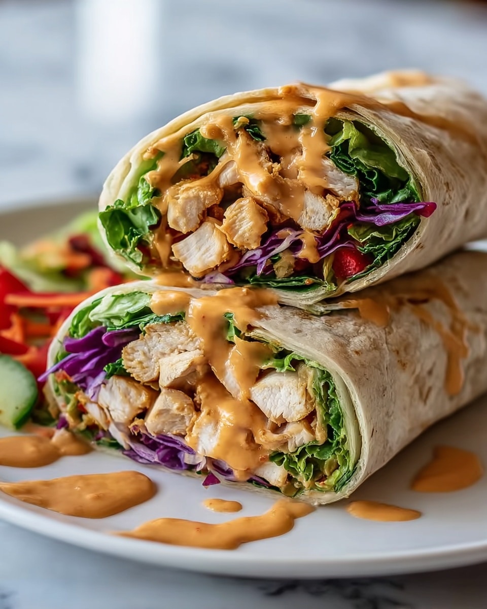 The image shows a wrap cut in half and stacked on a white plate, placed on a white marbled surface. Each half reveals three main layers: the outer soft, light-colored tortilla, a middle layer of fresh green leafy vegetables and thin slices of red and purple vegetables, and the inner layer of cooked chicken pieces that are golden and tender. A creamy orange sauce is drizzled generously over the chicken and some has spilled onto the plate. The close-up shot captures the textures clearly, from the crunchy vegetables to the juicy chicken and smooth sauce. Photo taken with an iphone --ar 4:5 --v 7