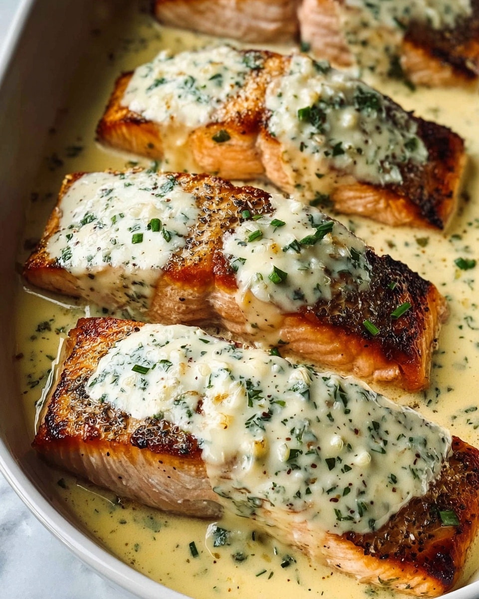 Four golden brown salmon fillets sit closely together in a white dish, each topped with a thick dollop of creamy white sauce speckled with green herbs. The sauce looks rich and slightly bubbly, with a smooth texture spreading around the base of the salmon edges. The salmon skin is slightly crispy with dark grill marks, and the fish itself has a tender, flaky appearance with a warm pink color. Small green herb pieces are sprinkled all over the sauce and fish, adding a fresh touch. The dish is set on a white marbled surface, making the warm colors of the salmon and sauce stand out clearly. photo taken with an iphone --ar 4:5 --v 7