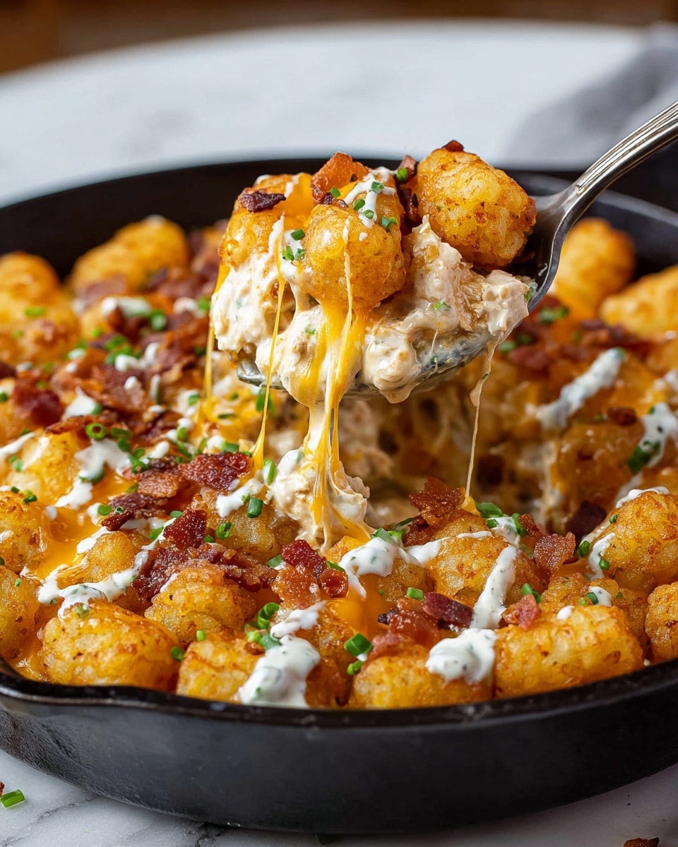 A white square plate holds a pile of golden-brown crispy fried balls arranged in a pyramid shape. Each ball has a textured crunchy surface and is drizzled with a creamy white sauce that pools slightly on the plate. Bright green chopped herbs are sprinkled over the balls, adding contrast to the rich colors. The plate rests on a white marbled surface with a blurred kitchen background. photo taken with an iphone --ar 4:5 --v 7