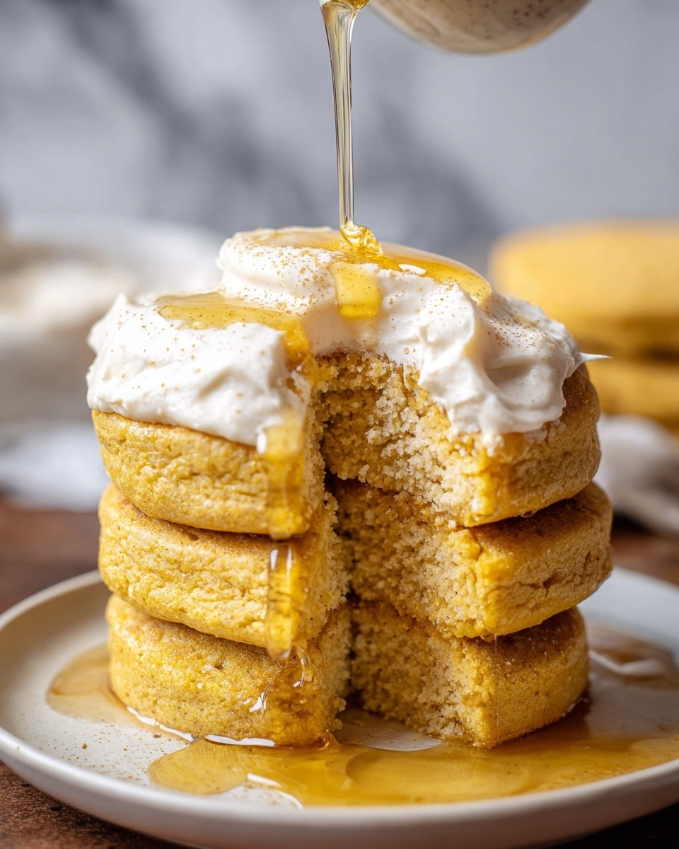 A stack of three thick golden yellow pancakes sits on a white plate, each pancake having a coarse, slightly crumbly texture. The top pancake is spread with a thick layer of creamy white frosting, and a bite is taken from its side, showing the soft, moist inside. Golden honey is being drizzled over the top, flowing down the sides of the top pancake and pooling around the stack. The background shows a blurred white marbled texture surface with soft lighting. photo taken with an iphone --ar 4:5 --v 7