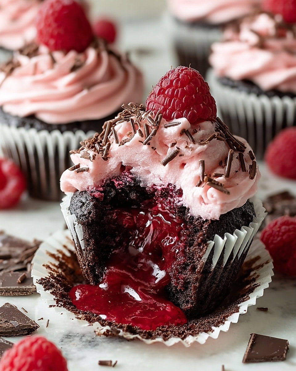 A dark chocolate cupcake in a white paper liner is cut open to show a thick red raspberry sauce oozing out from the center, dripping down and pooling slightly on a white marbled surface. On top, a thick layer of pale pink frosting is swirled in a soft, creamy texture, sprinkled with small, thin dark chocolate curls. Around the cupcake are fresh raspberries and pieces of broken dark chocolate scattered on the surface. In the background, other cupcakes show similar pink frosting topped with a single raspberry and some chocolate sprinkles. photo taken with an iphone --ar 4:5 --v 7