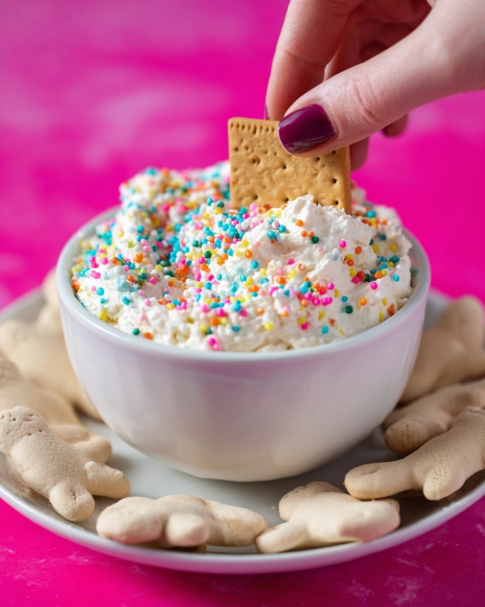 A white bowl filled with a fluffy, creamy white dip covered in small, colorful round sprinkles in pink, yellow, blue, green, orange, and purple, sitting on a white plate holding several pale animal-shaped cookies around its base; a woman's hand with dark pink painted nails is dipping a rectangular, light brown graham cracker into the creamy dip, the background is a solid bright pink color, and the surface beneath is a white marbled texture photo taken with an iphone --ar 4:5 --v 7