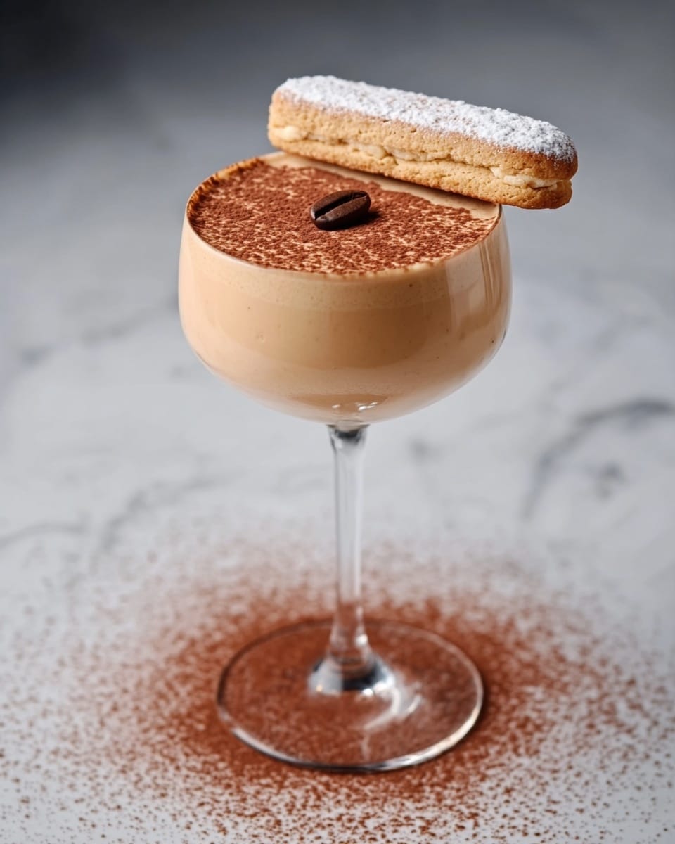 A light peach-colored creamy dessert fills a clear, tall glass with a long stem. The top layer is smooth and covered in fine brown powder, with a single coffee bean placed in the middle. Resting on the rim of the glass is a long, rectangular ladyfinger biscuit dusted lightly with white sugar. The glass is set on a white marbled surface with some brown powder sprinkled around its base. Photo taken with an iphone --ar 4:5 --v 7