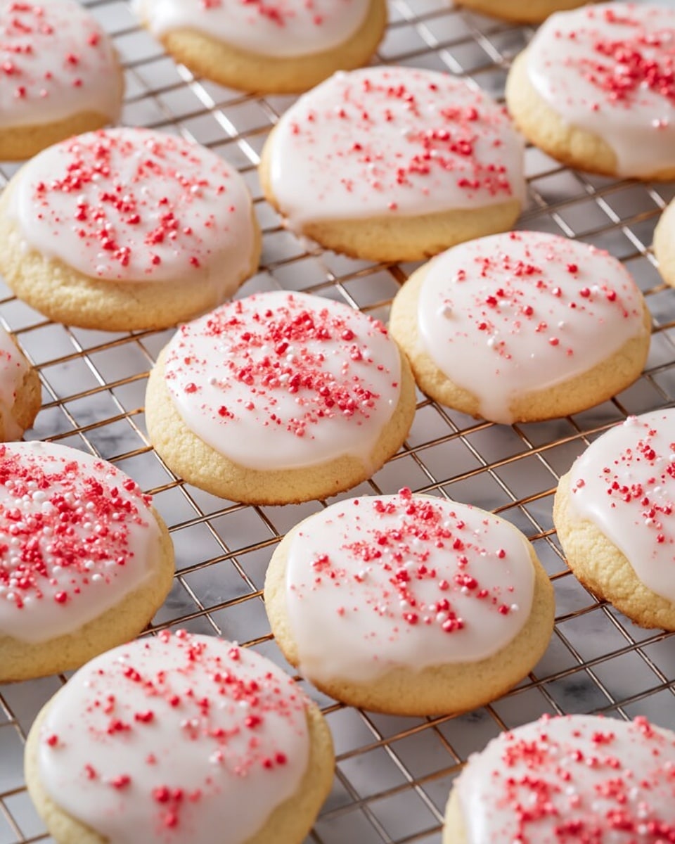 A close-up view of soft round cookies arranged in several rows on a wire cooling rack. Each cookie has one layer, a pale golden base with a smooth, shiny layer of white icing on top. The icing is sprinkled with small, bright red sugar crystals scattered unevenly, adding vibrant color. The wire rack lies on a white marbled surface, creating a clean, light backdrop that highlights the cookies. photo taken with an iphone --ar 4:5 --v 7