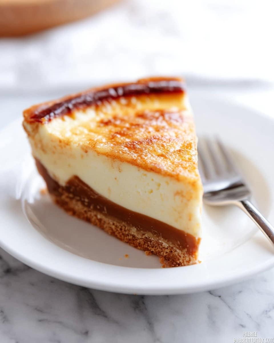 A slice of pie with three visible layers sits on a white plate with a silver fork beside it. The bottom layer is a light brown crust with a crumbly texture. Above the crust is a smooth caramel layer in a rich dark golden brown. The top layer is thick and creamy, pale yellow in color, with a caramelized, slightly browned surface that looks crisp and shiny. The white marbled surface under the plate adds a clean, bright contrast. Photo taken with an iphone --ar 4:5 --v 7