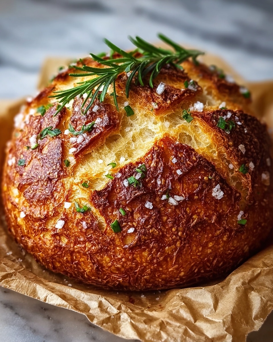 A round, golden-brown loaf of bread with a crunchy, deeply textured crust sits on crumpled parchment paper on a white marbled surface. The loaf has a diamond pattern cut into the top, revealing a soft, airy interior with light yellow tones. Coarse salt crystals and small chopped green herbs are sprinkled over the crust, adding a fresh contrast. A sprig of fresh rosemary rests on top, enhancing the rustic and fragrant look of the bread. The photo taken with an iphone --ar 4:5 --v 7