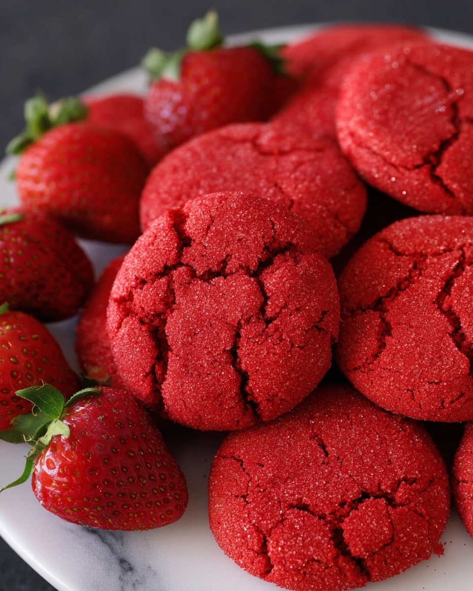The image shows a group of bright red cookies with a cracked texture on the top layer, arranged closely together on a white plate. The cookies have a slightly rough, sugar-coated surface making them look crunchy. On the left side of the plate, fresh red strawberries with green tops are placed, adding a natural touch and contrasting with the cookies. The background surface is a white marbled texture, giving a clean and simple look to highlight the vivid red colors of the cookies and strawberries. photo taken with an iphone --ar 4:5 --v 7