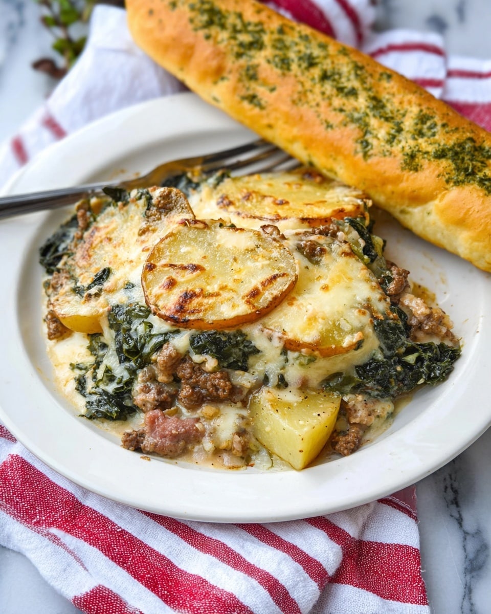A white plate holds a serving of a layered dish with visible slices of golden-brown roasted potatoes on top and within, mixed with cooked ground meat and dark green leafy vegetables, all covered in creamy melted cheese that is slightly browned in some spots. The layers of potatoes, meat, and greens create a textured, hearty look with some crispy edges. Next to the dish, a long, golden-brown breadstick with green herb specks rests on the plate. The plate sits on a white marbled surface with a red and white striped cloth partially visible beneath it. Photo taken with an iphone --ar 4:5 --v 7