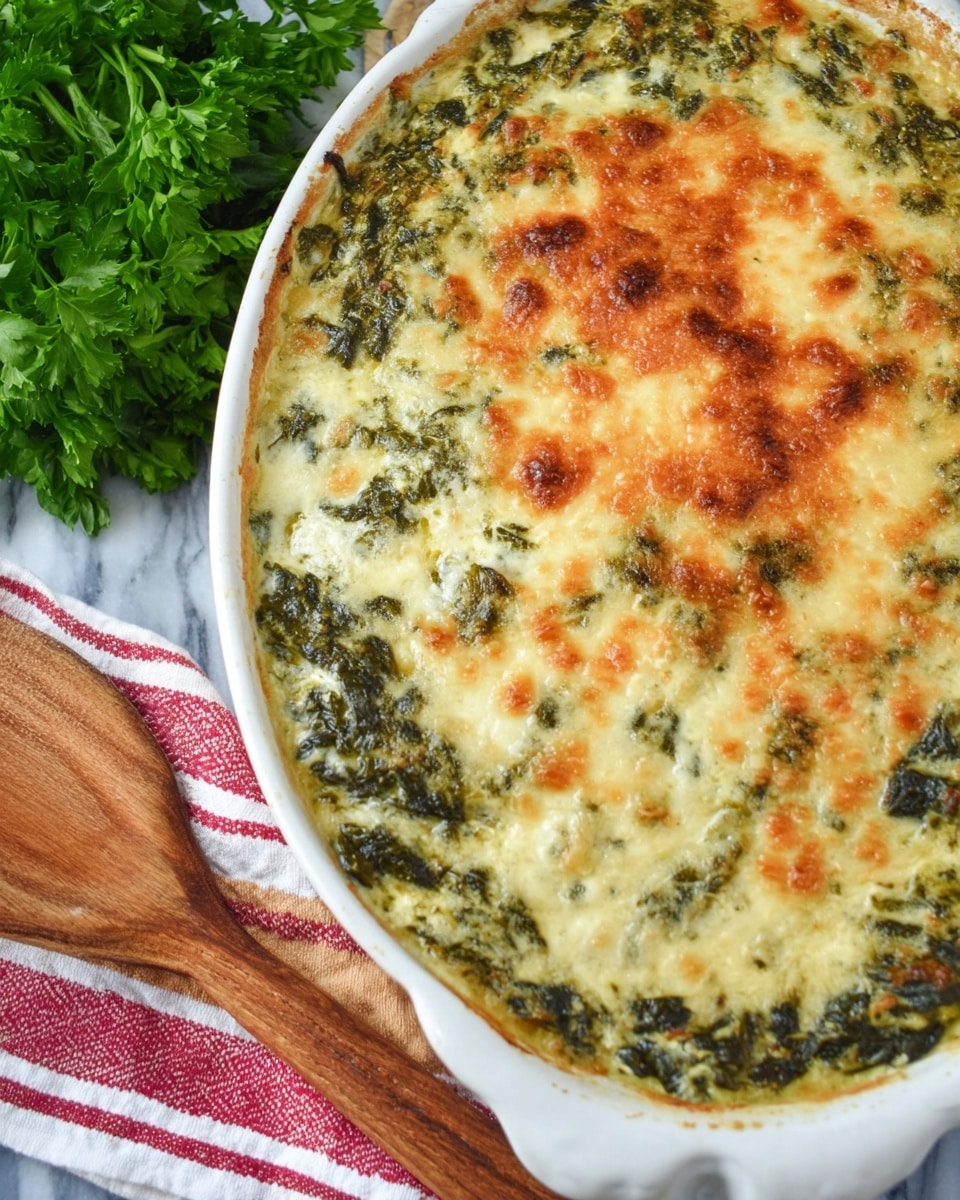 A close-up of a white baking dish filled with a creamy spinach and cheese casserole. The top layer is a golden melted cheese crust with brown spots, underneath it a mixture of wilted dark green spinach mixed in a creamy sauce, slightly visible on the sides. The dish is placed on a white marbled surface with a bunch of fresh green parsley in the background and a wooden spoon with a red and white striped cloth next to the baking dish. photo taken with an iphone --ar 4:5 --v 7