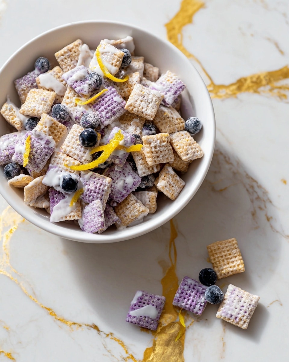 A white bowl filled with square cereal pieces that have three different layers visible: a light beige crispy waffle-like layer, a purple speckled layer dusted with white powder, and a creamy white drizzle on some pieces. Scattered among the cereal are small dark blueberries and thin yellow lemon zest curls. Outside the bowl, a few pieces of the cereal rest on a white marbled surface with gold veins, showing the same textured layers. The overall look is colorful with soft white, purple, beige, dark blue, and bright yellow accents, photo taken with an iphone --ar 4:5 --v 7