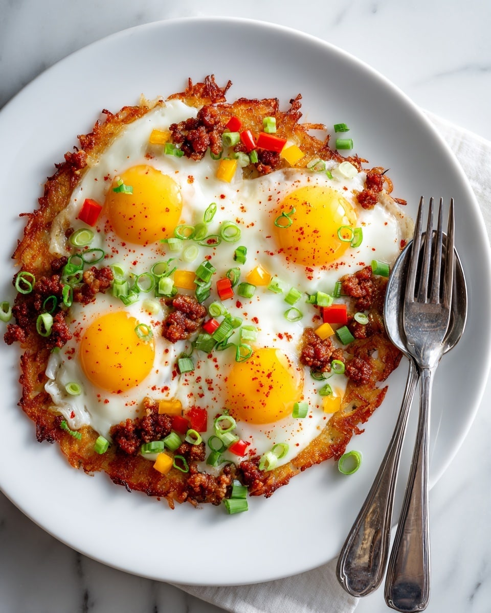 A white plate holds a crispy, golden-brown hash brown base with a slightly crunchy edge. On top, there are three sunny-side-up eggs with bright, glossy yellow yolks and firm white edges, each sprinkled lightly with red seasoning. Scattered across the eggs and hash browns are small crumbles of browned sausage, bright red and yellow bell pepper pieces, and finely chopped green onions, adding pops of color and texture. A silver fork and spoon are placed to the right side of the plate, resting on a white marbled surface. Photo taken with an iphone --ar 4:5 --v 7