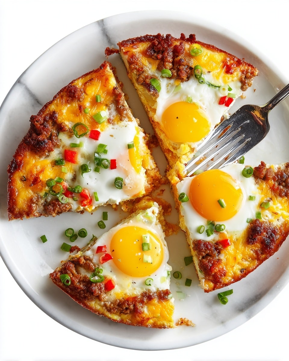 A white round plate holds four thick slices of a baked dish. The base is golden brown with a slightly crispy texture. Each slice is topped with a bright, sunny-side-up egg, with vibrant yellow yolks and white, smooth egg whites. Around the eggs, there are melted yellow cheese layers, browned sausage crumbles, small green chopped scallions, and small red bell pepper pieces sprinkled on top. The edges are crispy and browned, and a silver fork lies near the top right side of the plate. The whole scene is set against a white marbled surface. photo taken with an iphone --ar 4:5 --v 7