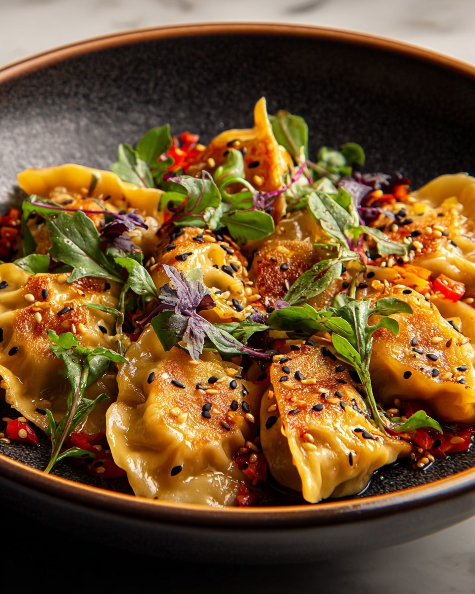 A close-up of a dark gray bowl with a thin brown rim filled with about ten golden-brown pan-fried dumplings, each pillow-shaped with crisp edges and soft folds showing a slightly shiny surface. The dumplings sit on a base of scattered chopped red peppers and greens, topped with fresh small green and purple leaves. Black and white sesame seeds are sprinkled all over the dumplings, adding texture. The bowl is on a white marbled surface, with soft lighting that highlights the warm, rich colors and textures. photo taken with an iphone --ar 4:5 --v 7