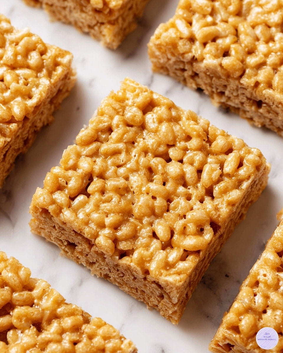 The image shows several rectangular crispy rice treats arranged on a white marbled surface in a grid-like pattern. Each treat is thick and made of tightly packed puffed rice with a shiny, slightly sticky caramel-colored coating that gives a textured and glossy look. The layers are uniform, showing the top layer with puffed rice clusters and the bottom layer similarly textured but holding the shape firmly. The treats have a golden-tan color and a chewy, dense appearance with small air pockets visible between the rice grains. The focus is on the close-up of the treats, highlighting their bumpy and crunchy exterior. photo taken with an iphone --ar 4:5 --v 7
