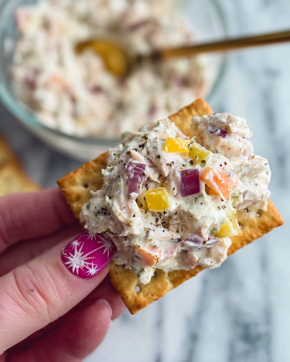 A close-up view of a rectangular, golden-brown cracker held by a woman's hand with pink nail polish decorated with white star-like patterns. On top of the cracker is a creamy spread mixed with chopped red onions, orange carrot pieces, small yellow chunks, and bits of white cheese, all speckled with black pepper. In the blurred background, there is a clear glass bowl with more of the same creamy mixture and a golden spoon inside it, all placed on a white marbled surface. photo taken with an iphone --ar 4:5 --v 7