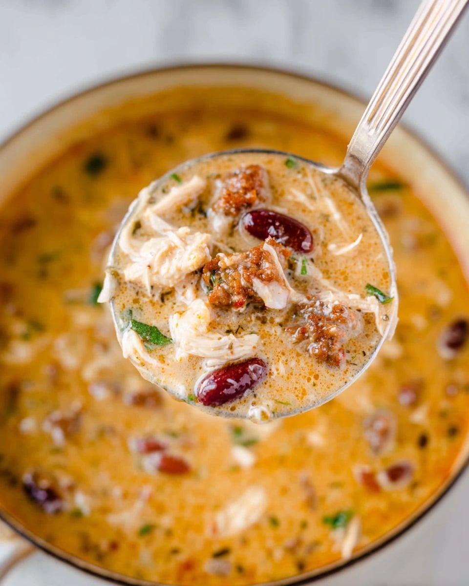 A close-up of a ladle filled with creamy soup that has several layers of ingredients. The soup is light orange in color, with visible bits of shredded white chicken scattered throughout. Dark red kidney beans are mixed in, along with small pieces of browned sausage. There are some green herbs sprinkled on top, adding a touch of color. The texture looks rich and thick, with the ladle lifting the soup above a larger bowl of the same dish on a white marbled surface. Photo taken with an iphone --ar 4:5 --v 7